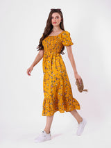 Floral Print Puff Sleeve Flowy Midi Dress