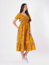 Floral Print Puff Sleeve Flowy Midi Dress