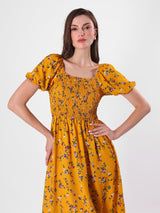 Floral Print Puff Sleeve Flowy Midi Dress