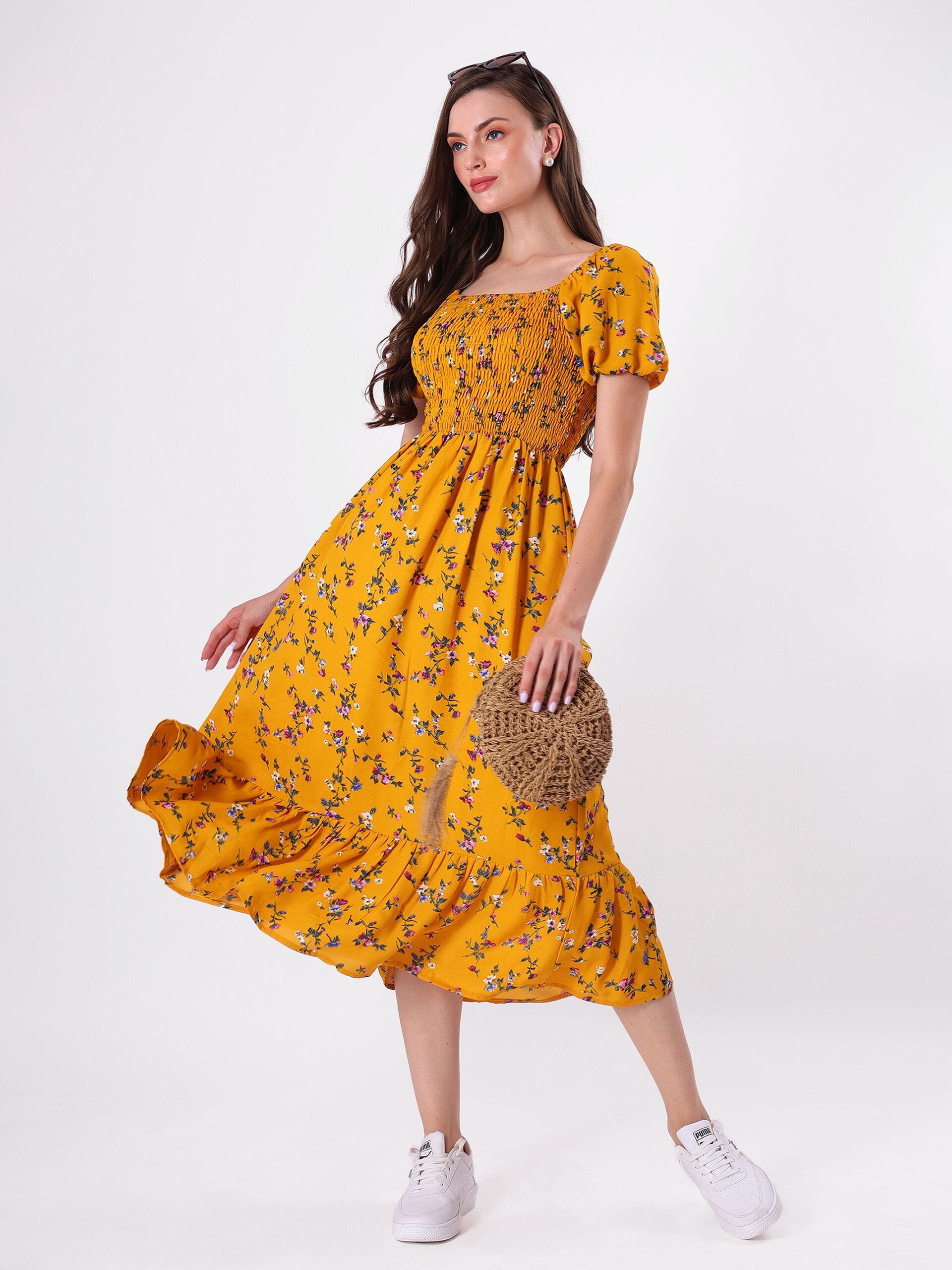 Floral Print Puff Sleeve Flowy Midi Dress