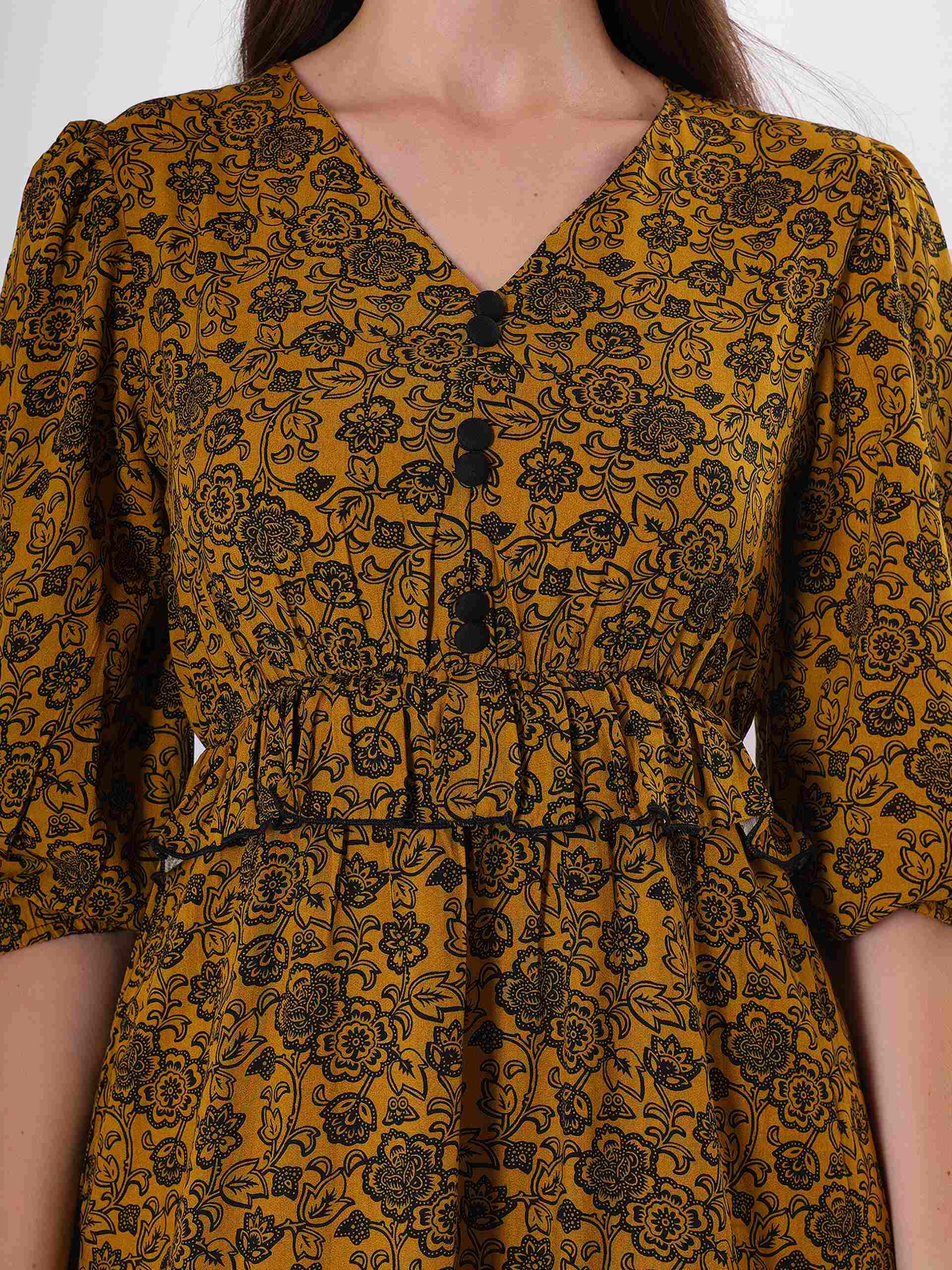 Floral Print V Neck Flared Midi Dress