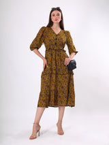 Floral Print V Neck Flared Midi Dress