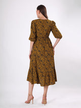 Floral Print V Neck Flared Midi Dress