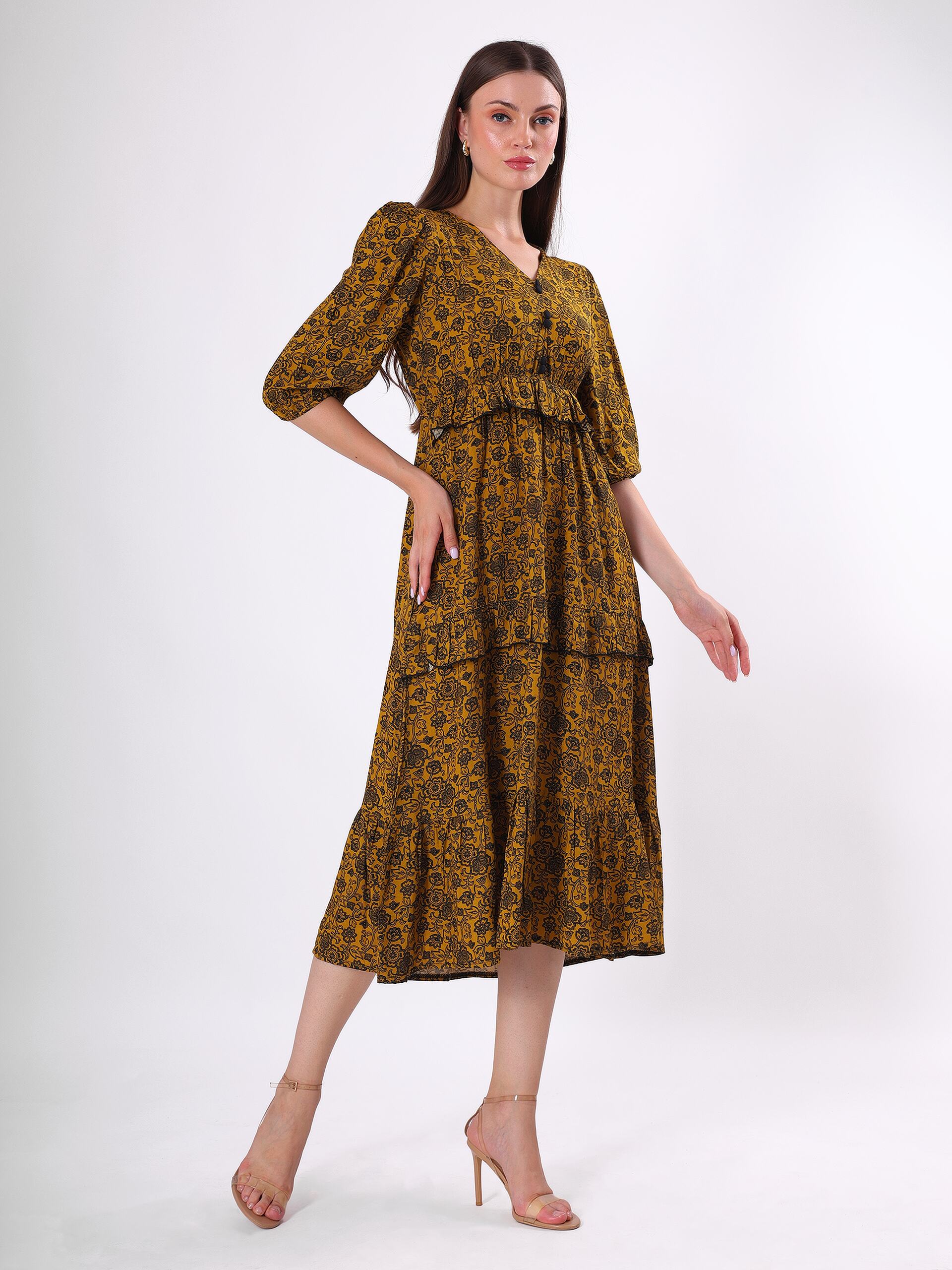 Floral Print V Neck Flared Midi Dress