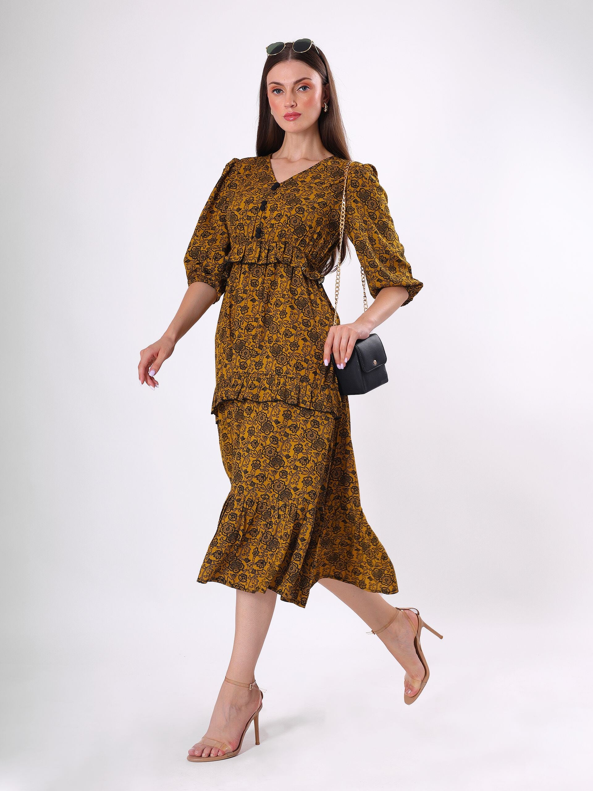 Floral Print V Neck Flared Midi Dress