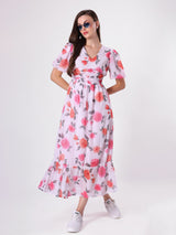Floral Print V Neck Pleated Midi Dress