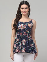 Blue Floral Print Tunic Top