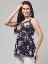 Blue Floral Print Tunic Top