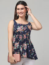 Blue Floral Print Tunic Top