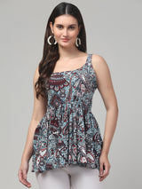 Sky-Blue Traditional Print Tunic Top