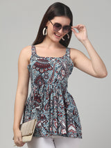Sky-Blue Traditional Print Tunic Top