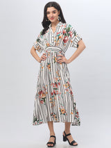 Shirt Collar Striped Half Sleeve Midi Dress