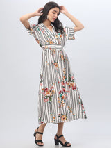 Shirt Collar Striped Half Sleeve Midi Dress