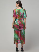 Butterfly Sleeve Multicolor Midi Dress