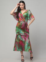 Butterfly Sleeve Multicolor Midi Dress
