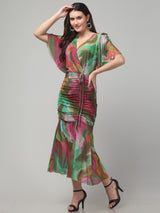 Butterfly Sleeve Multicolor Midi Dress