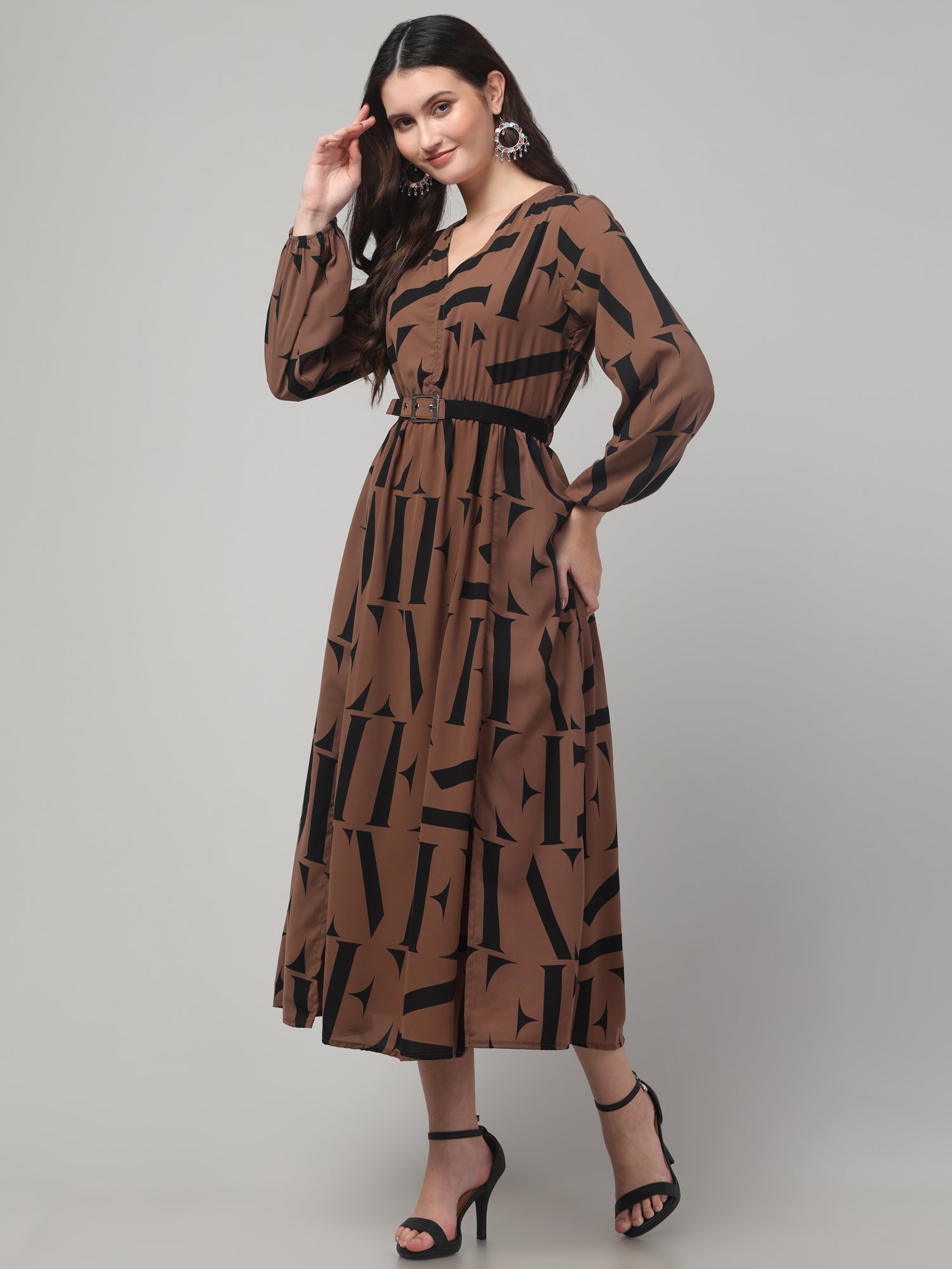 Alphabetic Print Slit Midi Dress