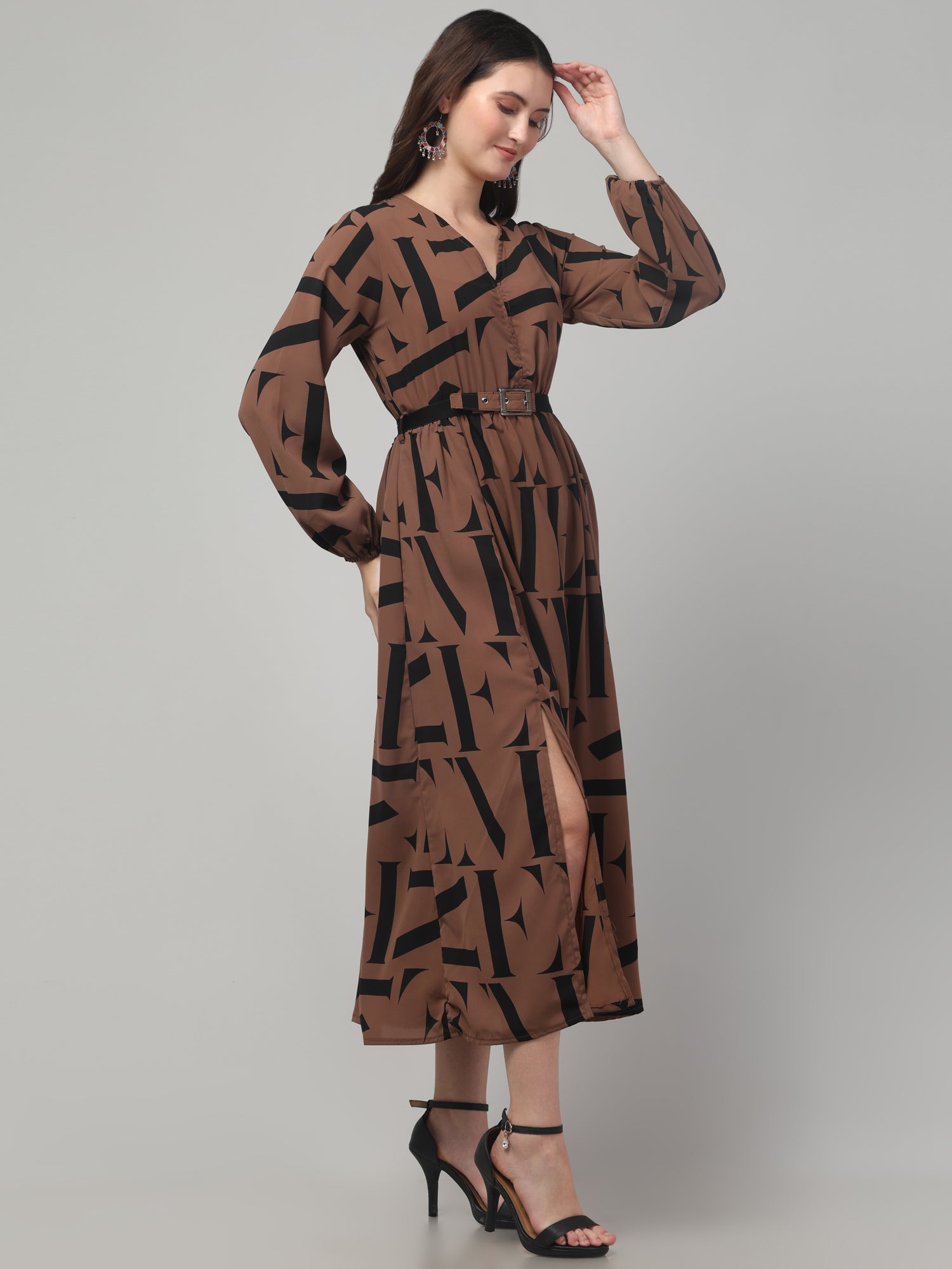 Alphabetic Print Slit Midi Dress