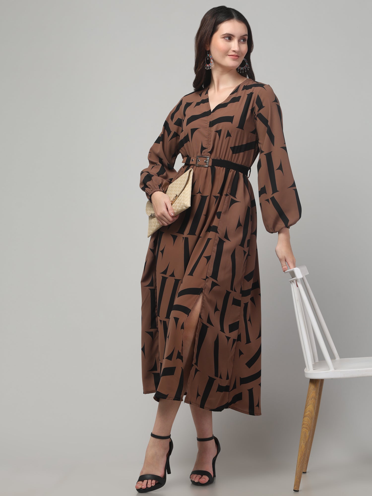 Alphabetic Print Slit Midi Dress