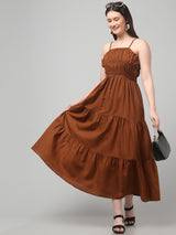 Brown Flared Shoulder Strap Maxi Dress