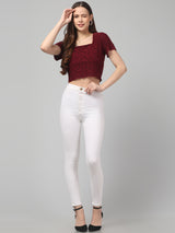 Maroon Self Design Crop Top