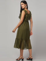 Olive Frilly Midi Dress