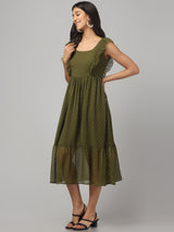 Olive Frilly Midi Dress