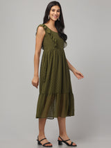 Olive Frilly Midi Dress