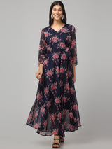 V Neck Multicolor Floral Maxi Dress