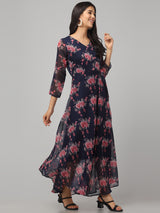 V Neck Multicolor Floral Maxi Dress