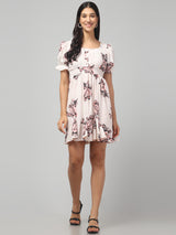 White Floral Design Midi Dress
