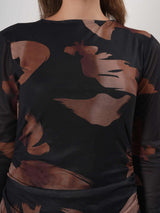 Marble Print Brown Midi Dress with Full Sleeve