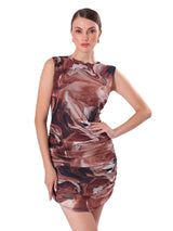 Marble Print Sleeveless Boat Neck Pleated Bodycon Dress