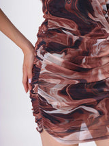Marble Print Sleeveless Boat Neck Pleated Bodycon Dress