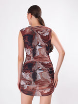 Marble Print Sleeveless Boat Neck Pleated Bodycon Dress