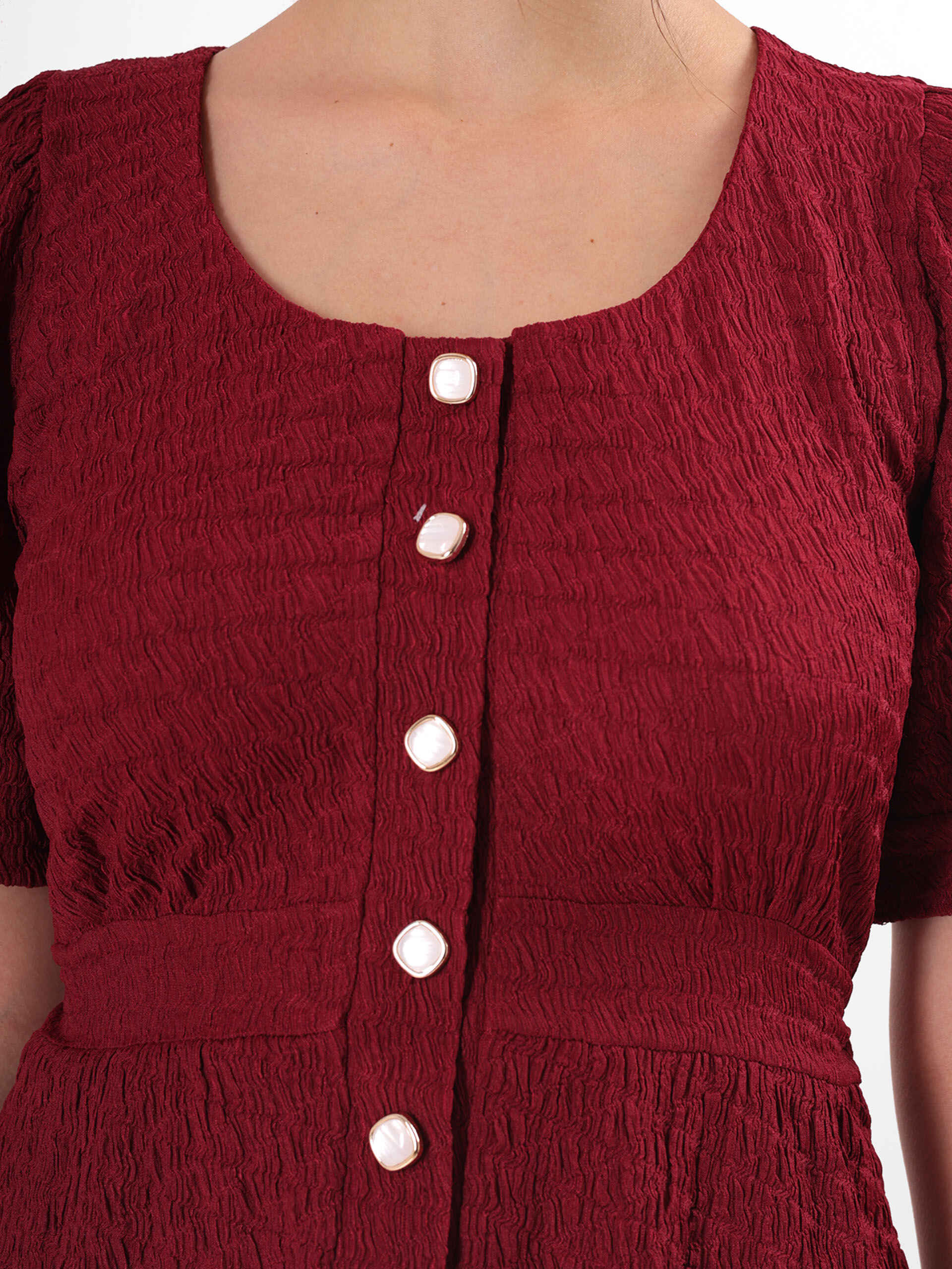 Marooon Textured Top With Puff Sleeve