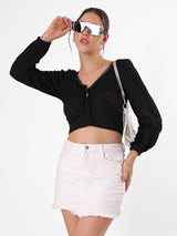 Self Design Black V Neck Crop Top