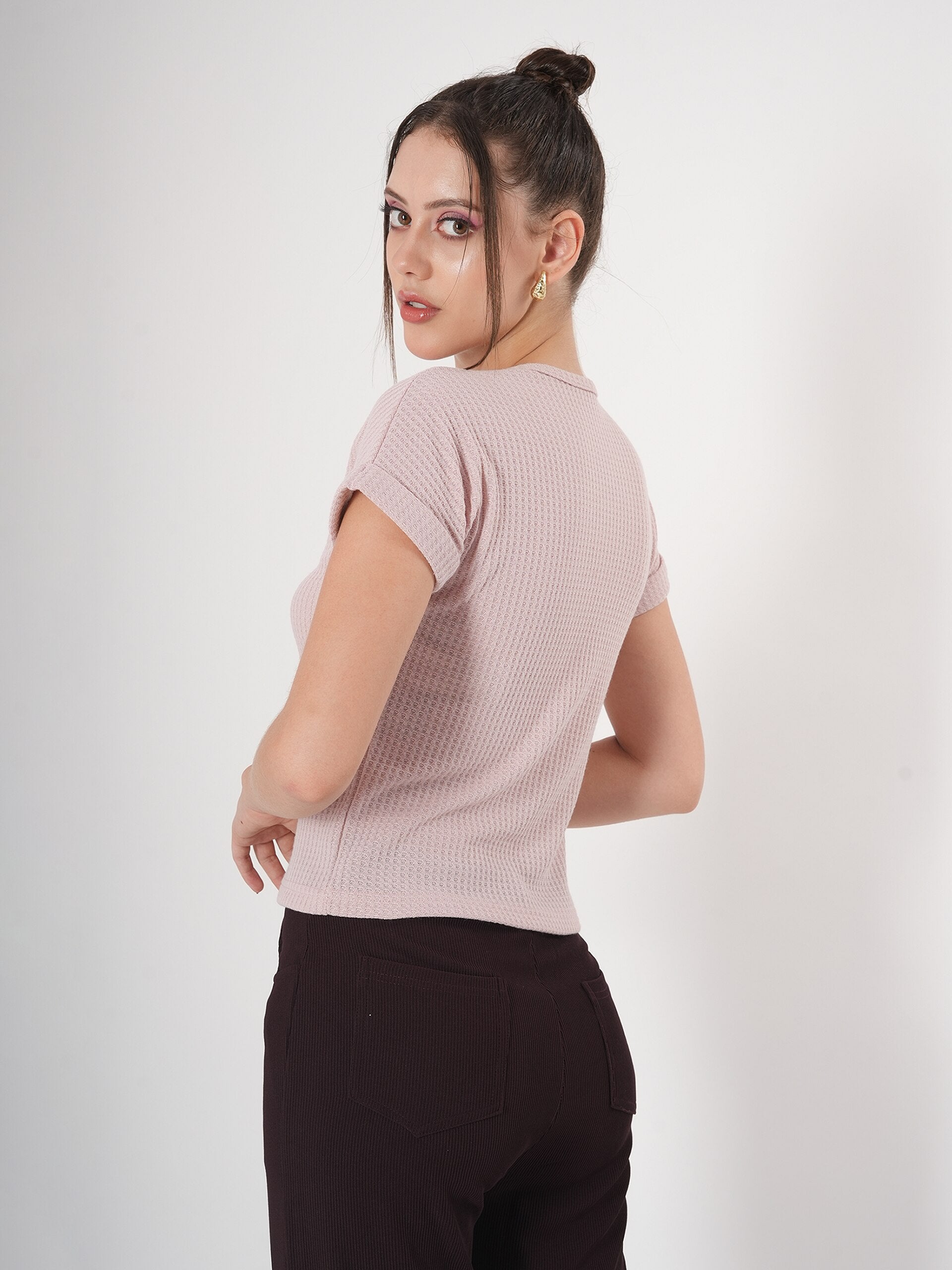 Self Design Half Sleeve Fitted Semi Crop Top