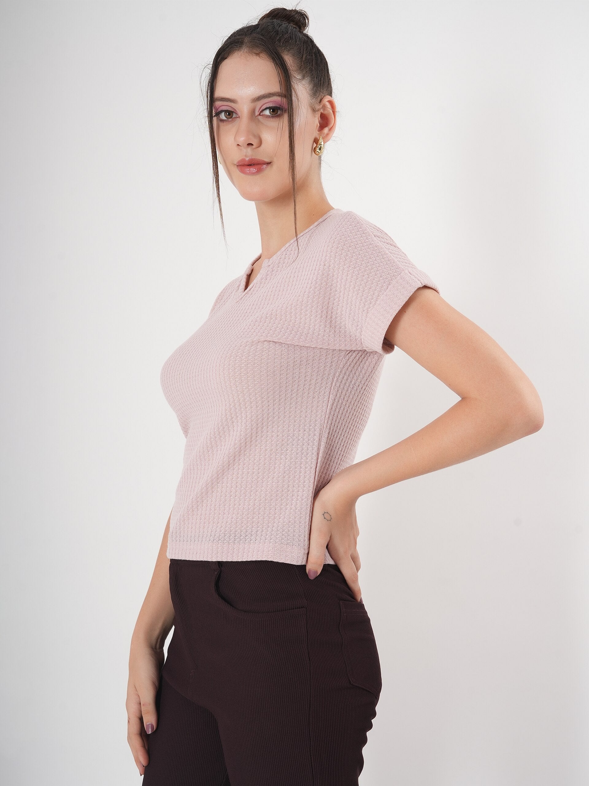 Self Design Half Sleeve Fitted Semi Crop Top