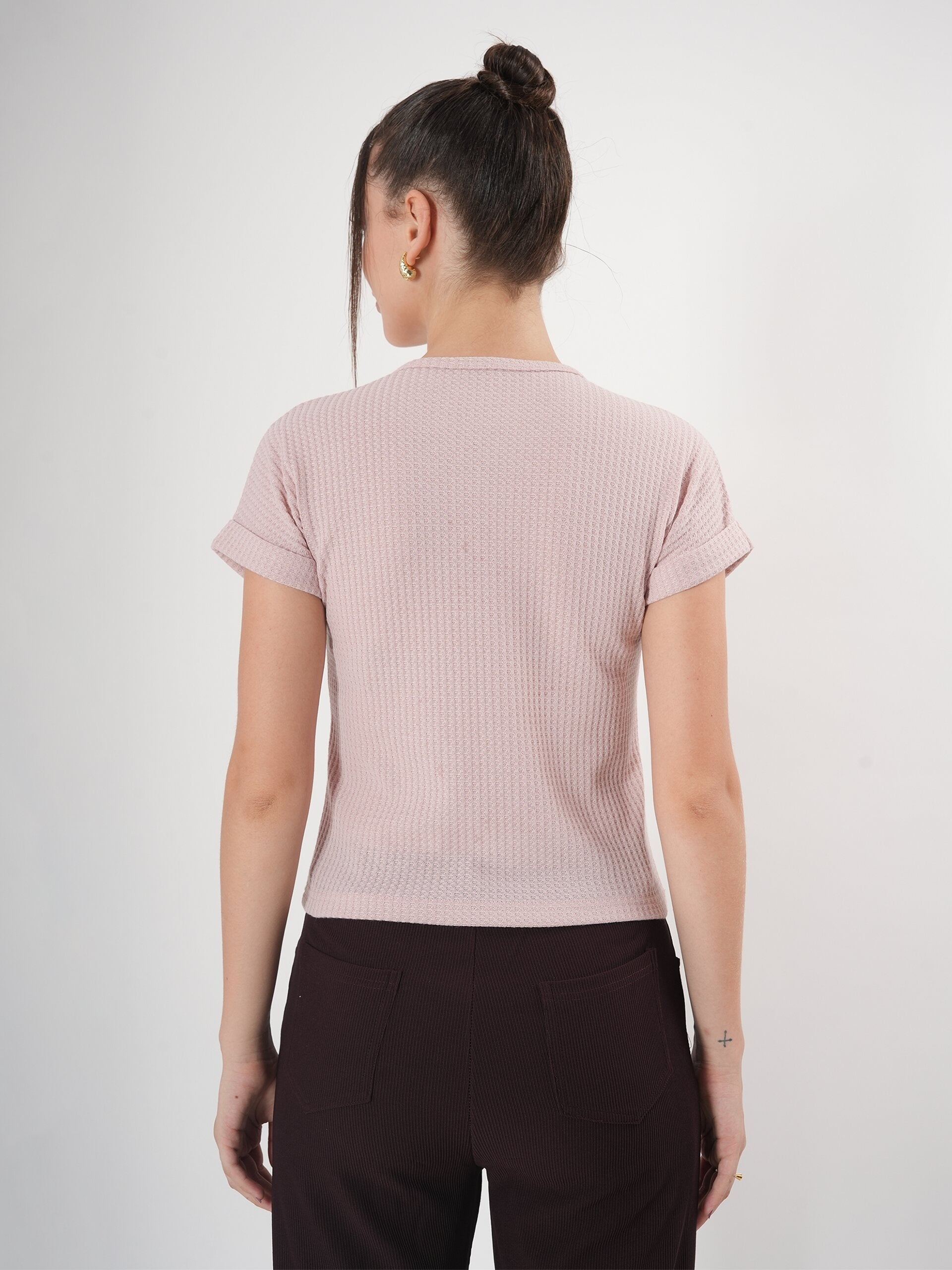 Self Design Half Sleeve Fitted Semi Crop Top