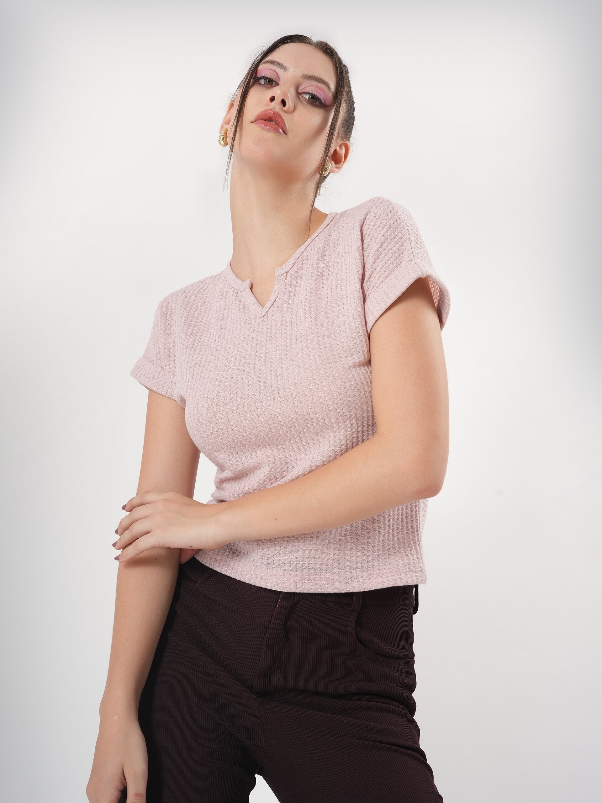 Self Design Half Sleeve Fitted Semi Crop Top