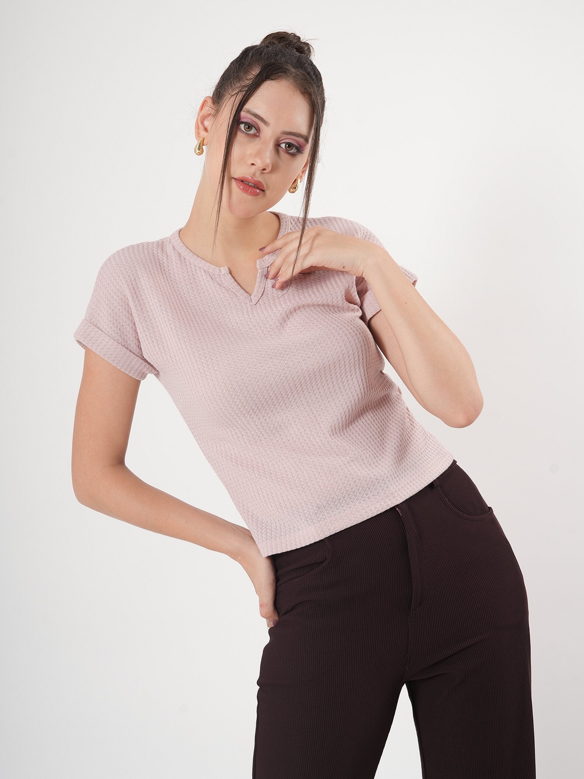 Self Design Half Sleeve Fitted Semi Crop Top