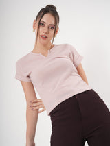 Self Design Half Sleeve Fitted Semi Crop Top