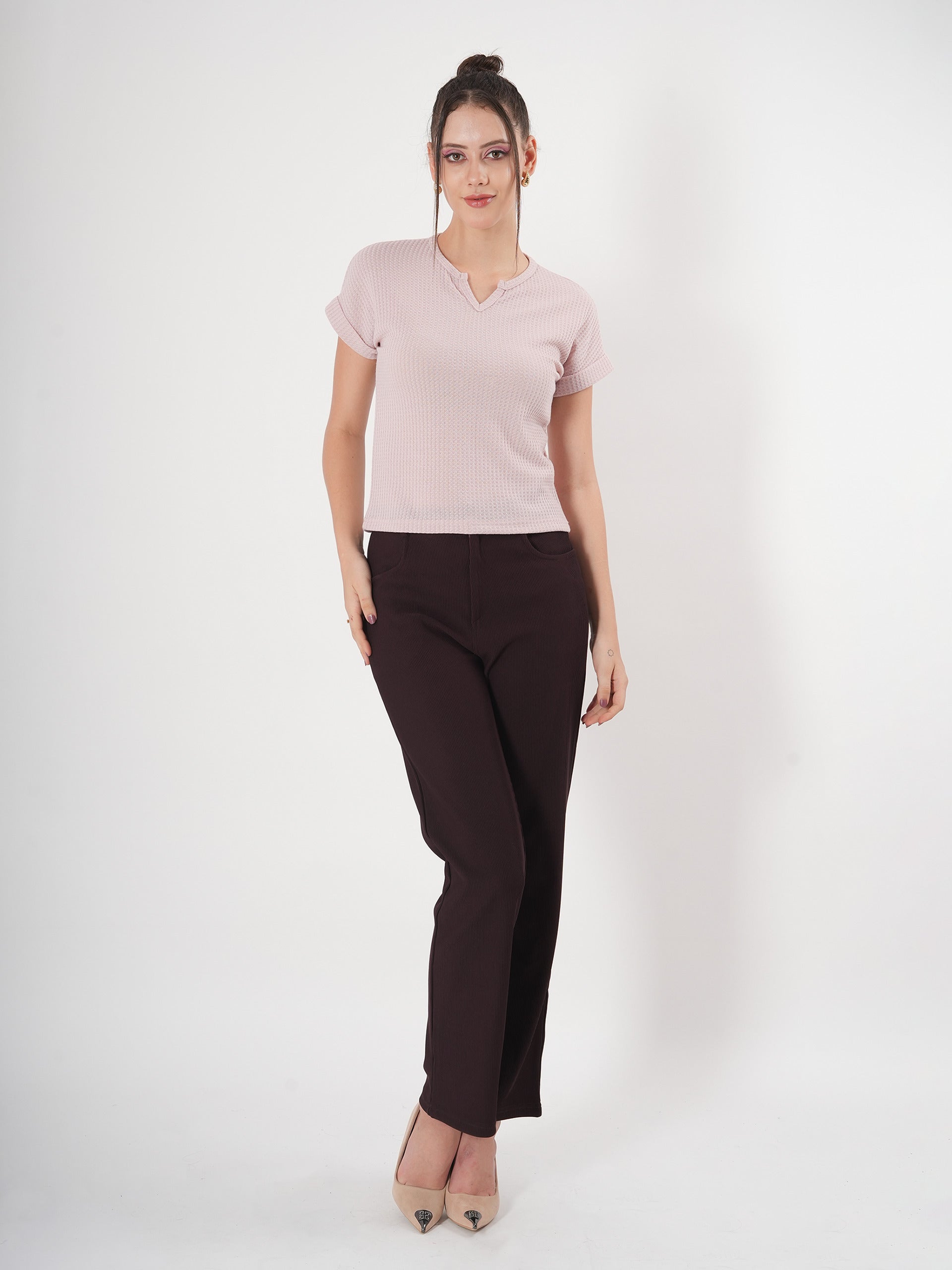 Self Design Half Sleeve Fitted Semi Crop Top