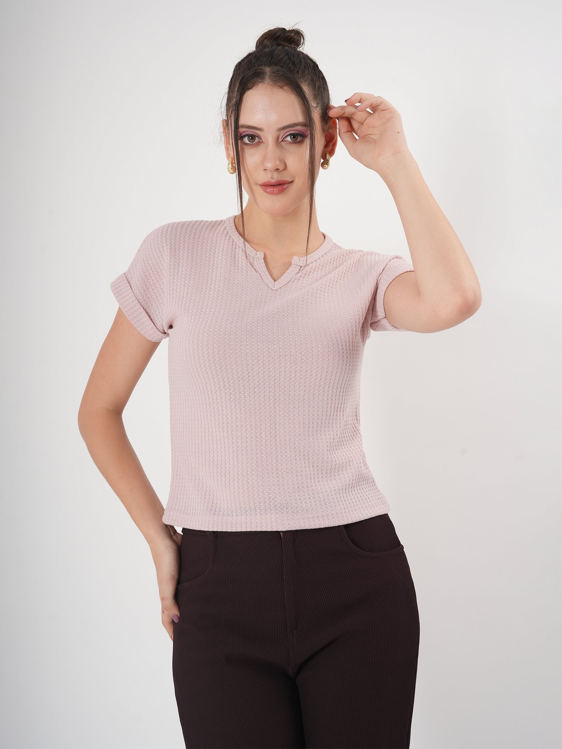 Self Design Half Sleeve Fitted Semi Crop Top