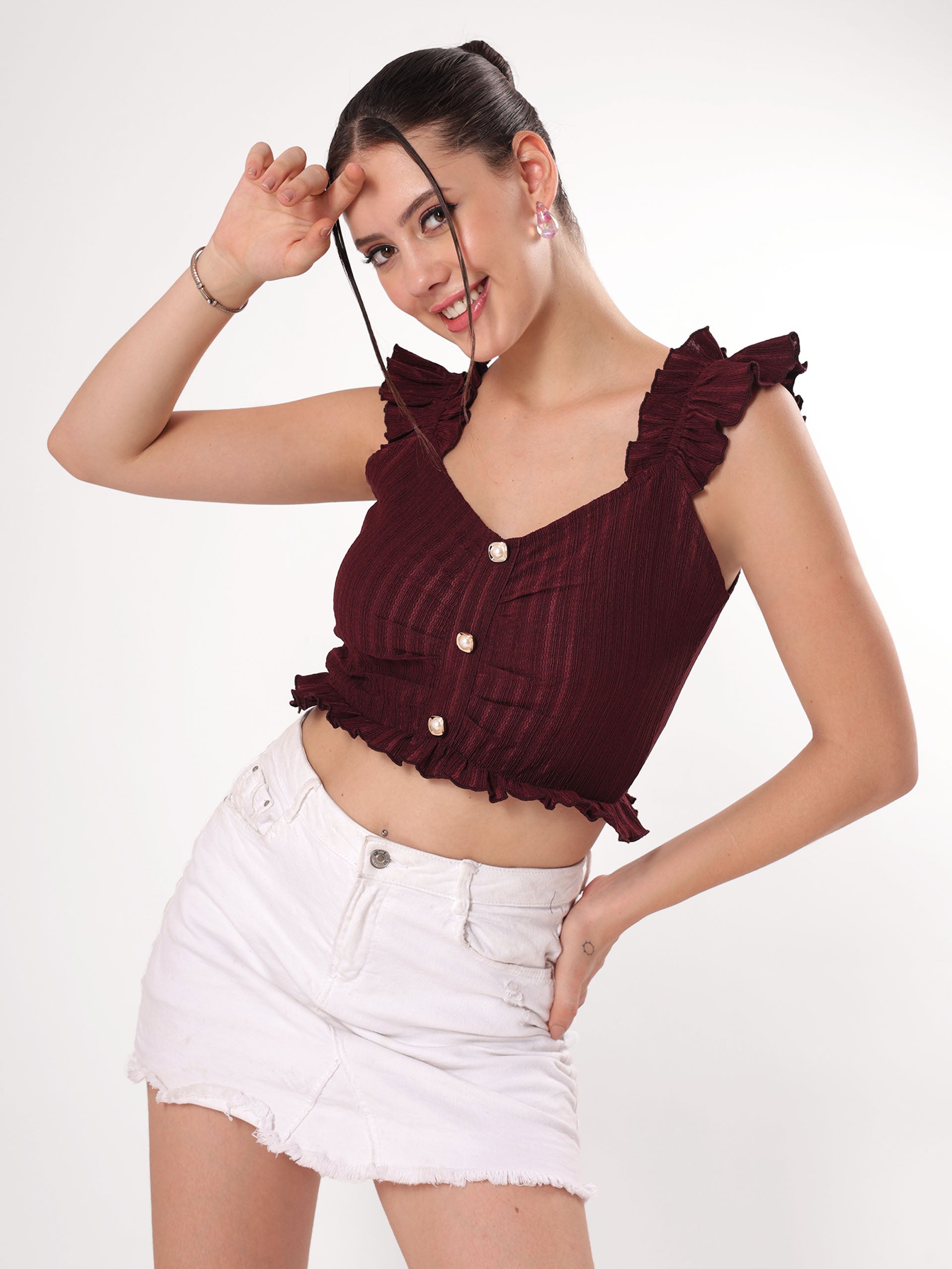 Maroon ruffle top online