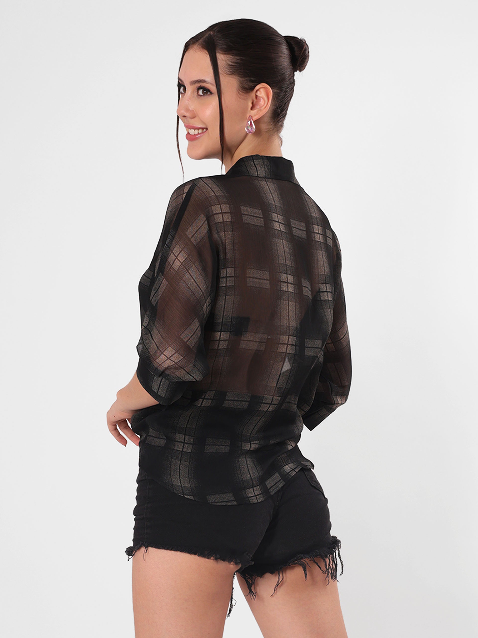 Sheer Check Crop Shirt With Spaghetti