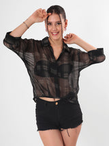 Sheer Check Crop Shirt With Spaghetti