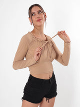 Solid Beige Crop Top with Adjustable Strings
