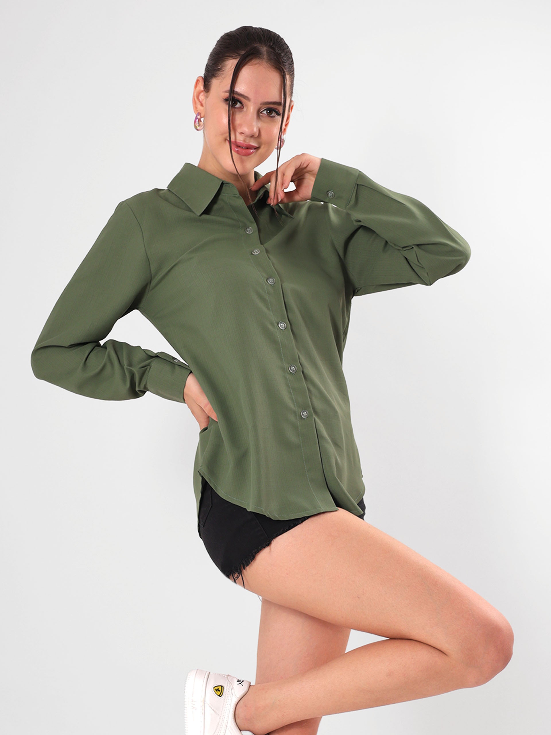 Solid Olive Shirt With Full Sleeve